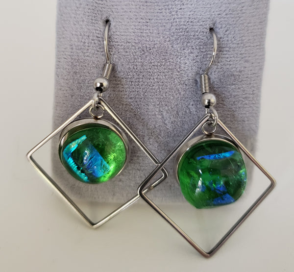 Green and Turquoise Fused Glass Stainless Steel Dangle Earrings