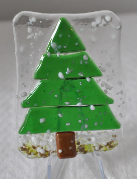 Pine Tree in the Snowfall Fused Glass Art