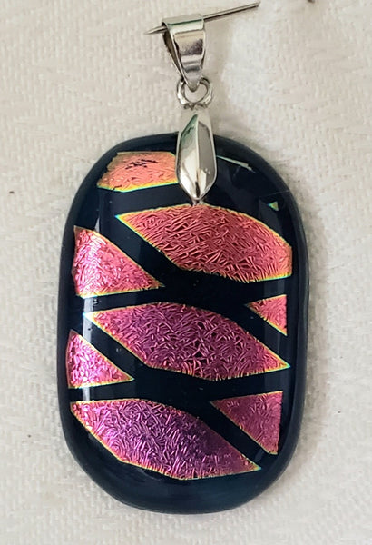 Pink Dichroic on Black Oval Fused Glass Pendant