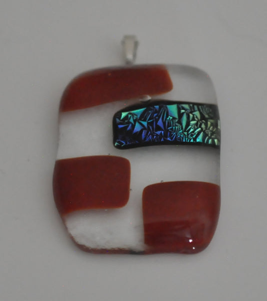 Red and Dichroic Geometric on Clear Rectangular Fused Glass Pendant
