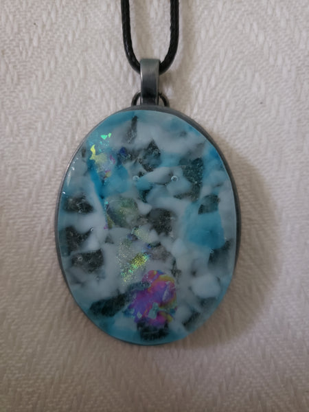 Turquoise, White and Dichroic Oval Fused Glass on Bronze Pendant