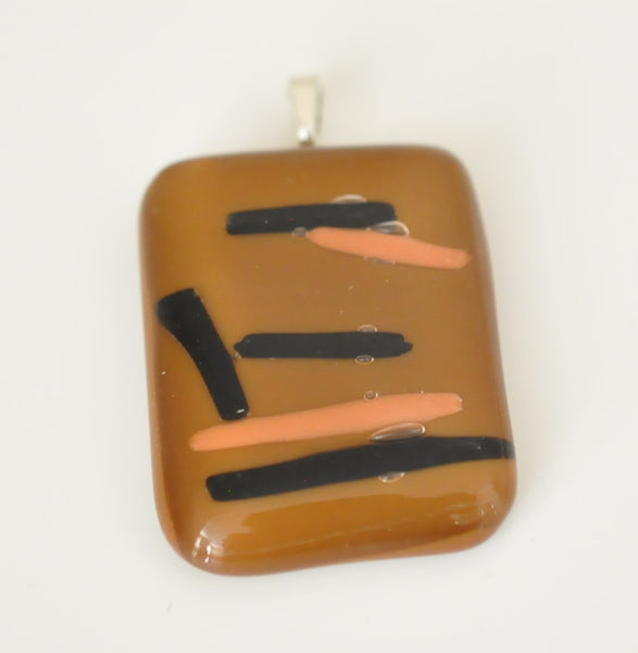 Black and Orange on Light Brown Rectangular Fused Glass Pendant
