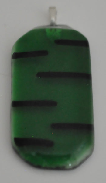 Black Pattern on Transparent Green Rectangular Fused Glass Pendant