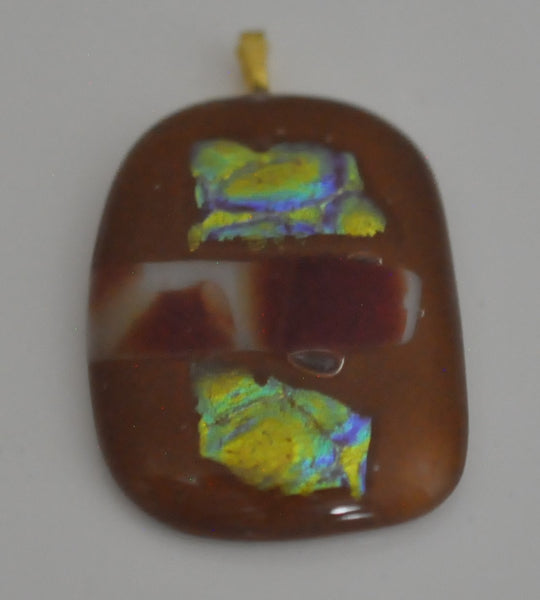 Dichroic on Light Brown Rectangular Fused Glass Pendant