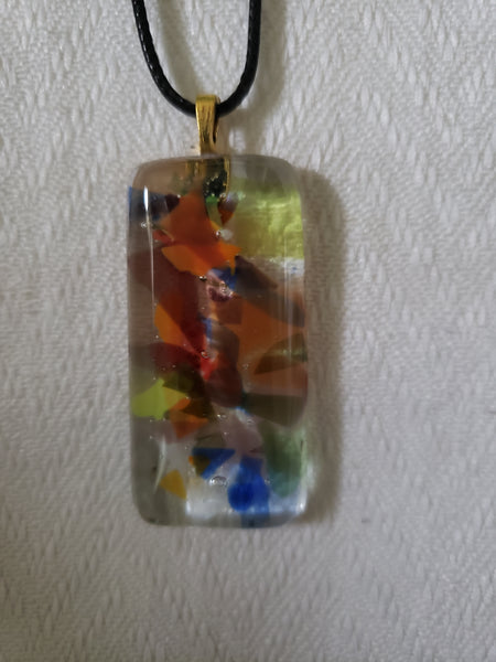Multicoloured on Clear Rectangular Fused Glass Pendant