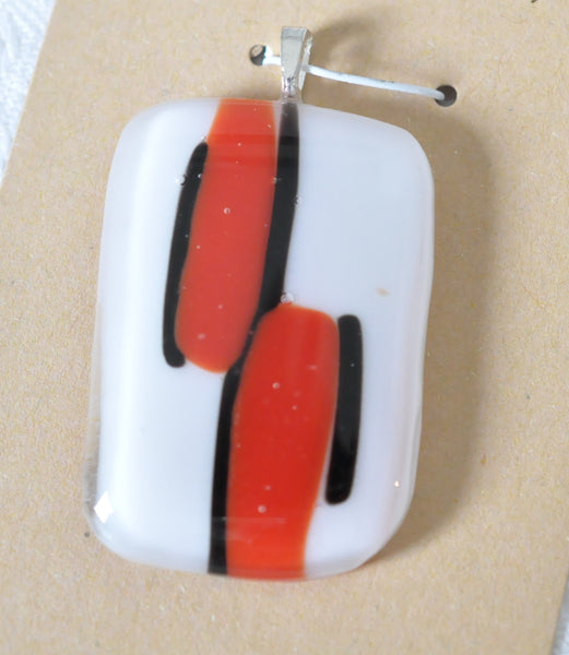 Red and Black Pattern on White Fused Glass Pendant