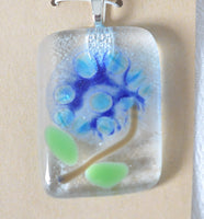 Blue Flower on Clear Fused Glass Pendant