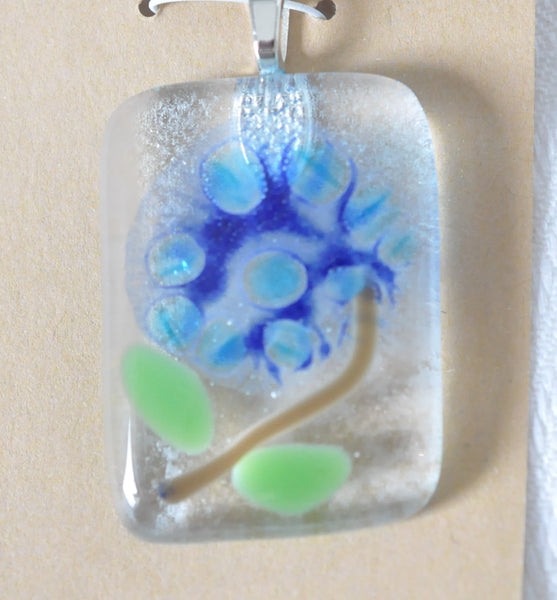 Blue Flower on Clear Fused Glass Pendant