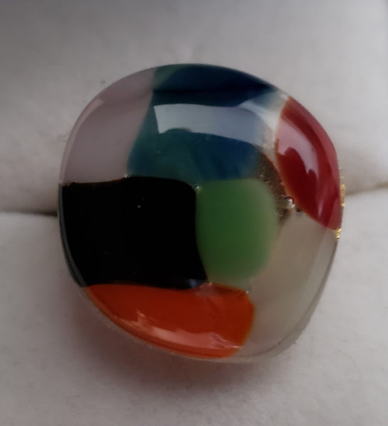 Multicoloured Geometric Pattern Square Fused Glass Ring