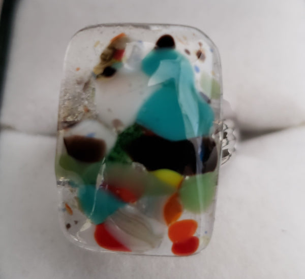 Multicoloured and Clear Rectangular Fused Glass Ring