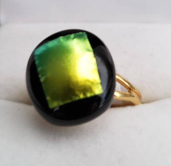 Gold, Green Dicrhroic Square on Black Fused Glass Ring