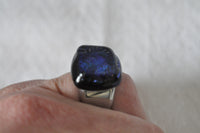 Blue and Purple Dichroic Fused Glass Ring on Thick Stainless Steel Band