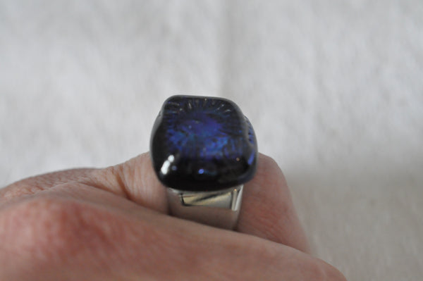 Blue and Purple Dichroic Fused Glass Ring on Thick Stainless Steel Band