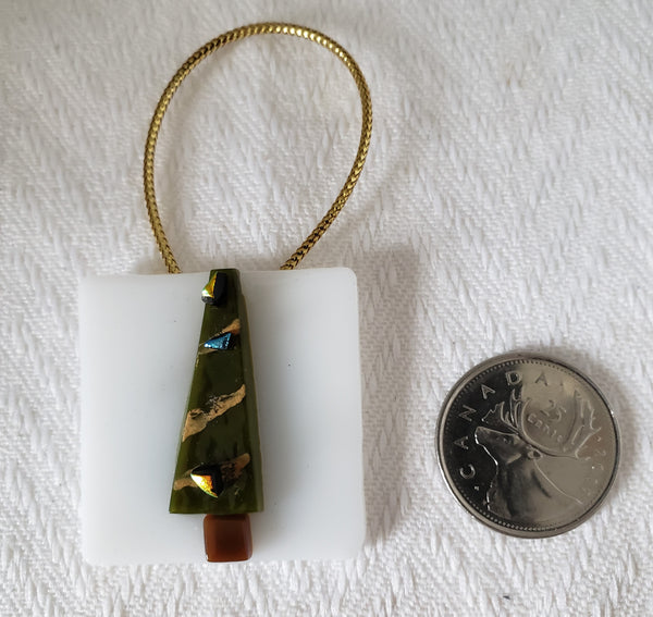 Little Green Christmas Tree on White Background Fused Glass Ornament