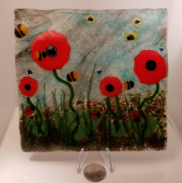 Bees and Ladybugs among the Poppies Fused Glass Art Scene