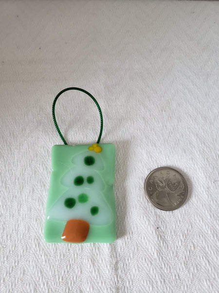 White Tree on Light Green Background Fused Glass Christmas Ornament