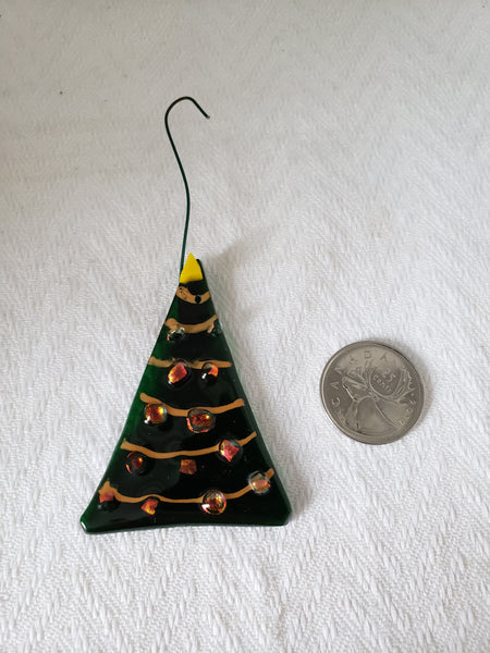 Christmas Tree with Gold Garland and Pink Dichro Balls Fused Glass Ornament