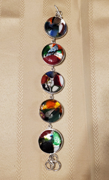 Multicoloured Large Bezel Fused Glass Silver Plated Bracelet
