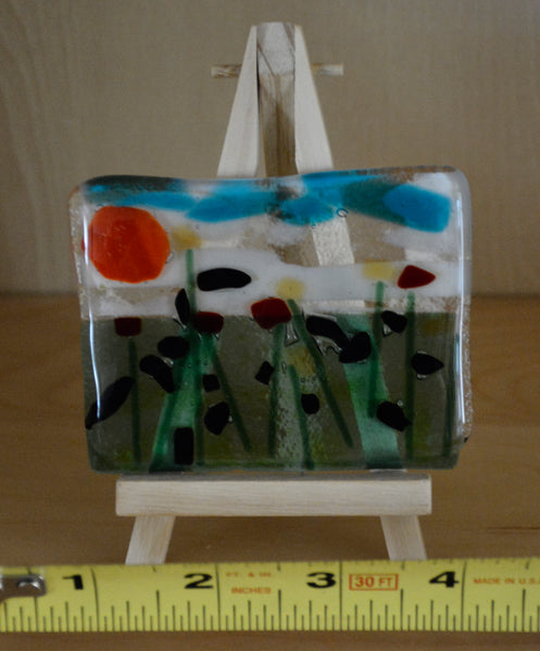 Fused Glass Landscape with Deep Red and Pale Yellow Flowers