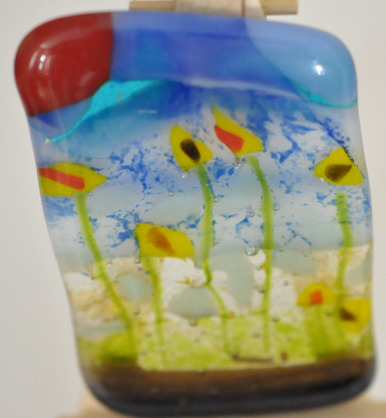 Fused Glass Floral Landscape with Yellow Flowers