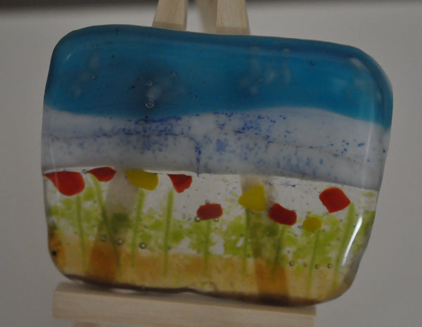 Fused Glass Landscape with Red and Yellow Flowers