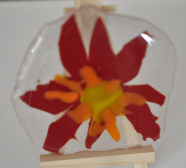 Fused Glass Red, Orange & Yellow Flower on Clear Display Piece