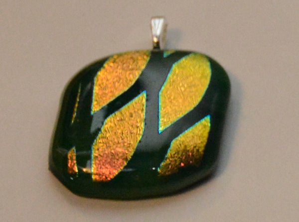 Pink and Gold Dichroic on Green, Diamond Shaped Fused Glass Pendant