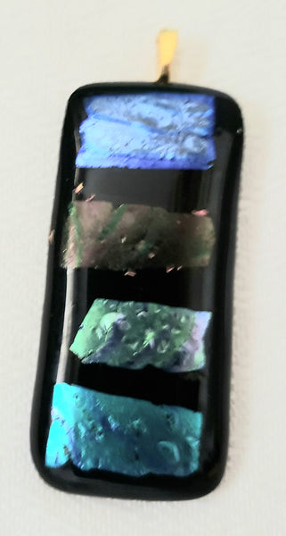 Blue, Purple, and Green Dichroic on Black Fused Glass Pendant
