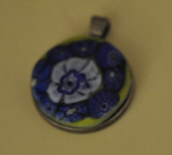 Blue and White Millefiori on Yellow, Round Fused Glass on Bronze Pendant