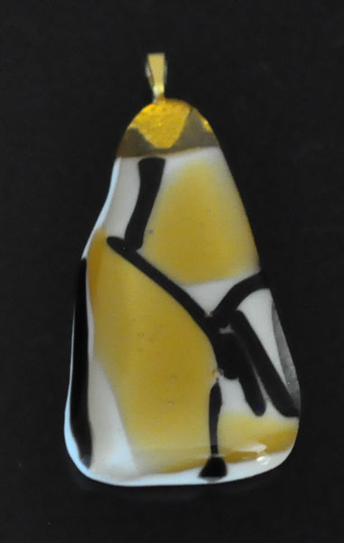 Yellow, Black and White Patterned Triangular Fused Glass Pendant