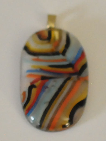 Multicoloured Striped Pattern on Clear Oval Fused Glass Pendant