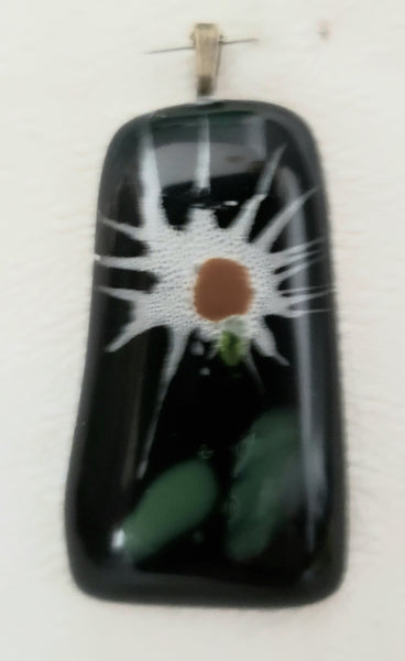 White Flower on Black Rectangular Fused Glass Pendant
