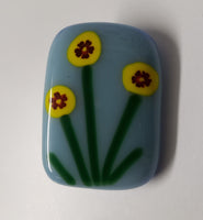 Yellow and Red Millefiori Flowers on Light Blue Fused Glass Pin