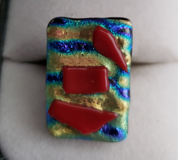 Stripy Dichroic and Red Pattern Rectangular Fused Glass Ring