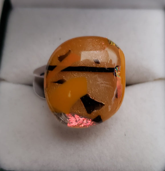 Light Orange, Black and Dichroic Fused Glass Ring