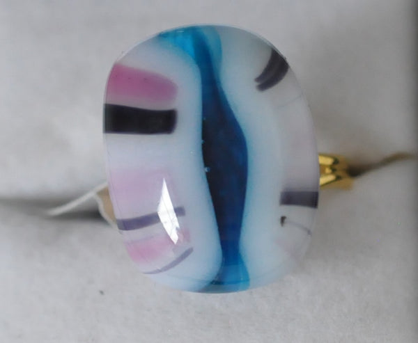 PInk, White and Purple Stripe with Transparent Blue Centre Fused Glass Ring