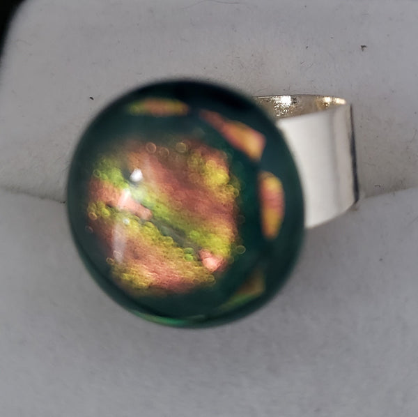Pink and Gold Dichroic on Green Fused Glass Ring