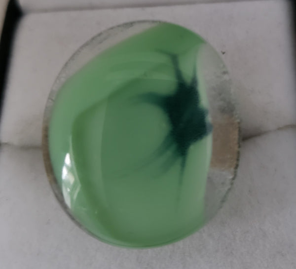 Dark Green Star on Light Green Fused Glass Ring with Adjustable Bronze Band