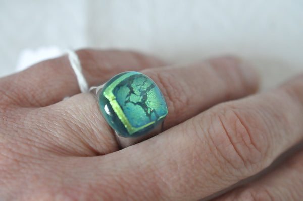 Green Dichroic Fused Glass Ring on Thick Stainless Steel Band