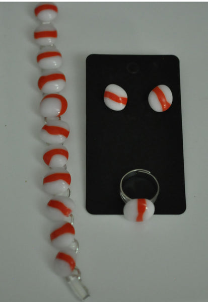 White with Red Stripe Fused Glass Jewellery Set