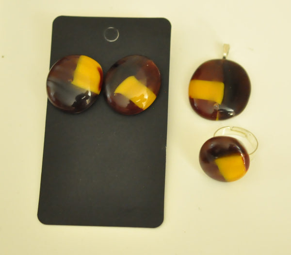 Burgandy and Orange Patchwork Fused Glass Jewellery Set
